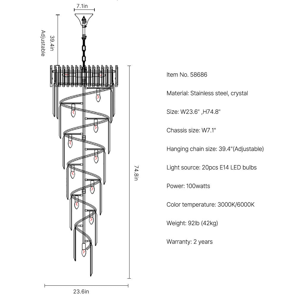 Astra Staircase Chandelier-Luxury Large Gold Foyer Crystal Lighting-SKU-23.6"
