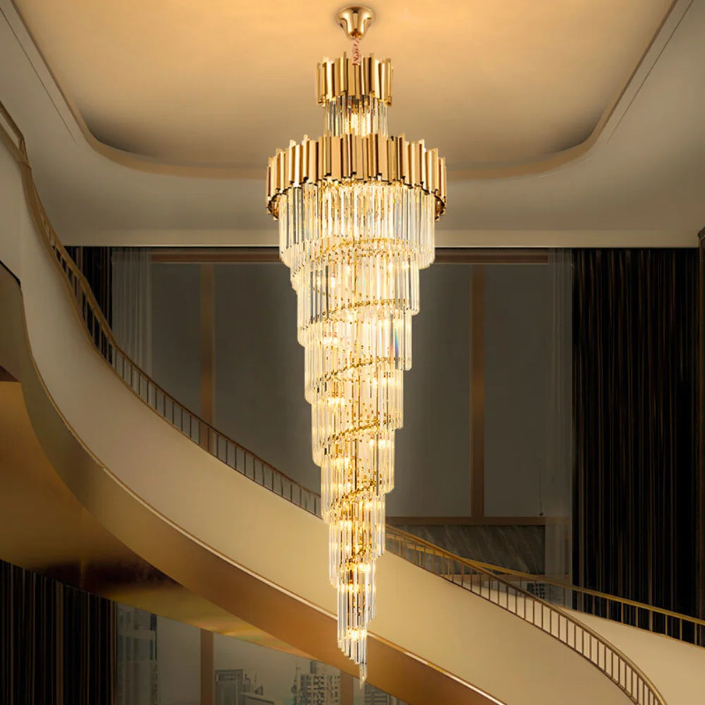 Astra Chandelier-X-Long Modern Gold Crystal Chandelier With Entrance