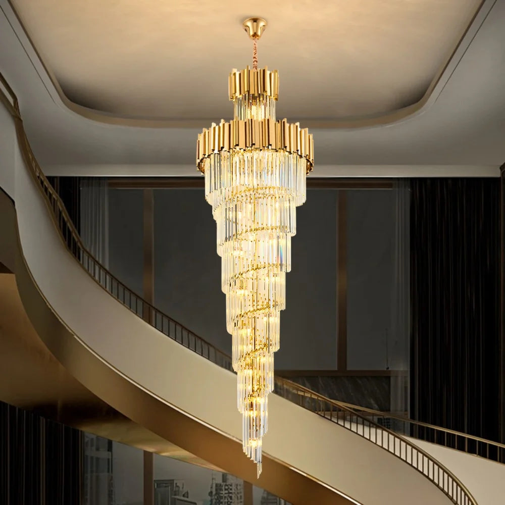 Astra Chandelier-X-Long Modern Gold Crystal Chandelier With Entrance