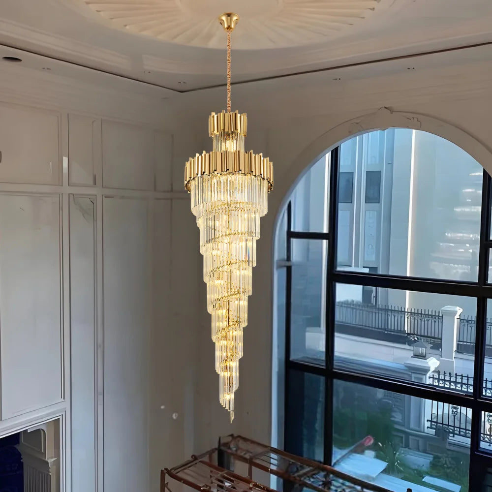 Astra Chandelier-X-Long Modern Gold Crystal Chandelier With Entrance