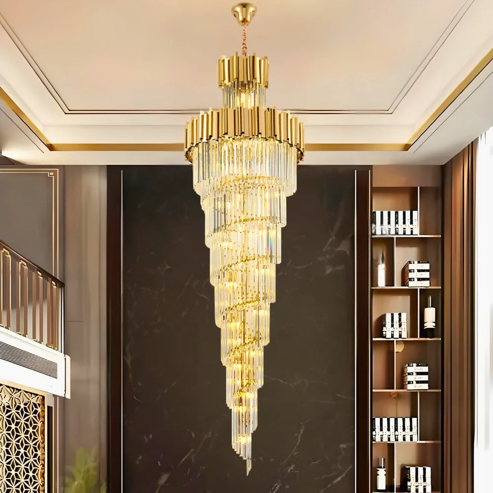 Astra Chandelier-X-Long Modern Gold Crystal Chandelier With Entrance