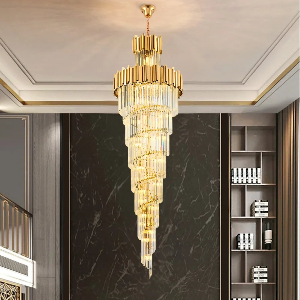 Astra Chandelier-X-Long Modern Gold Crystal Chandelier With Entrance