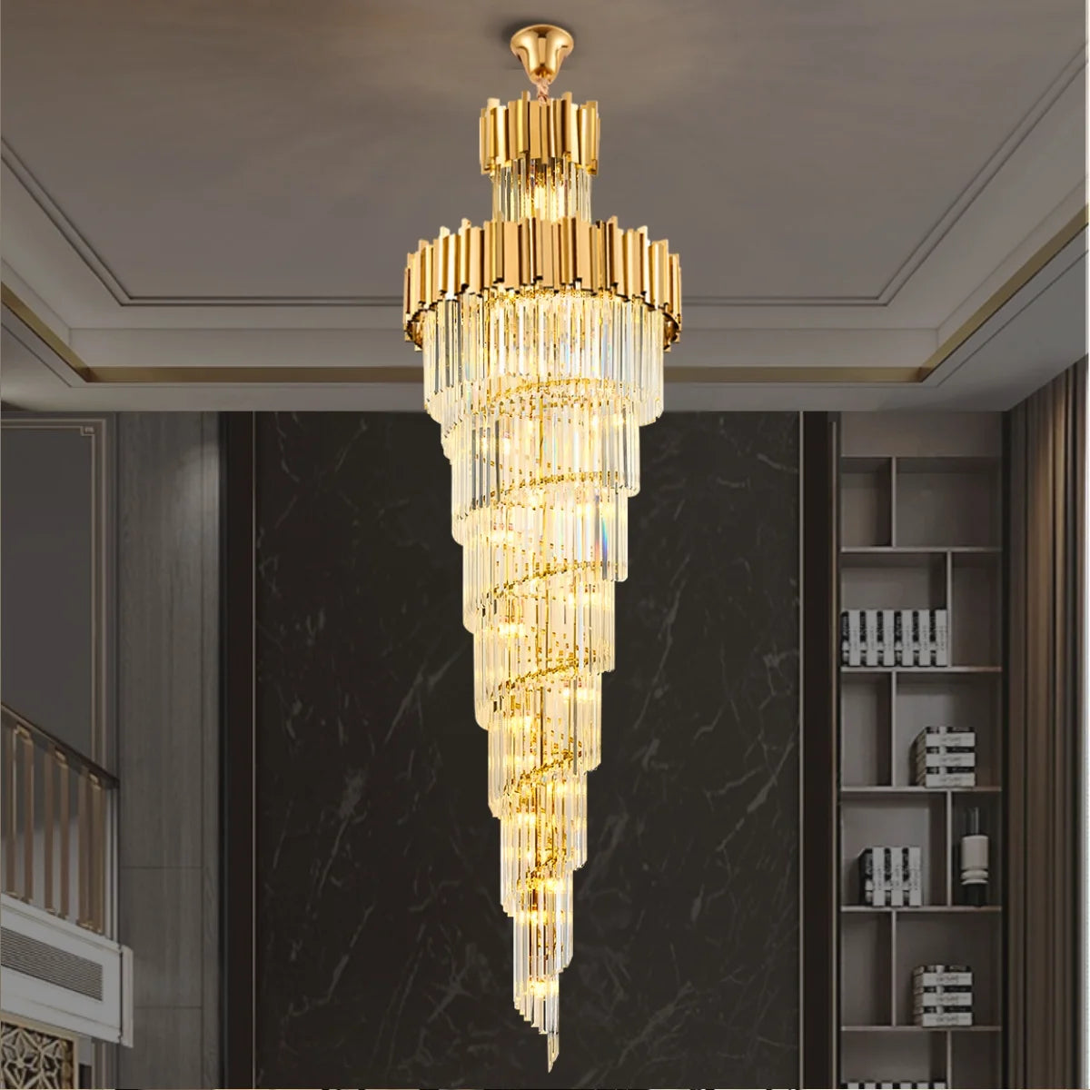 Astra Chandelier-X-Long Modern Gold Crystal Chandelier With Entrance