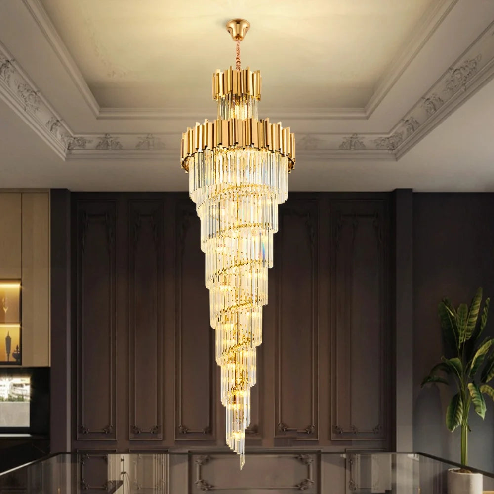 Astra Chandelier-X-Long Modern Gold Crystal Chandelier With Entrance