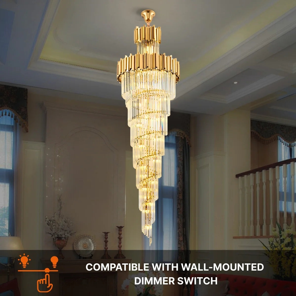 Astra Chandelier-X-Long Modern Gold Crystal Chandelier With Entrance
