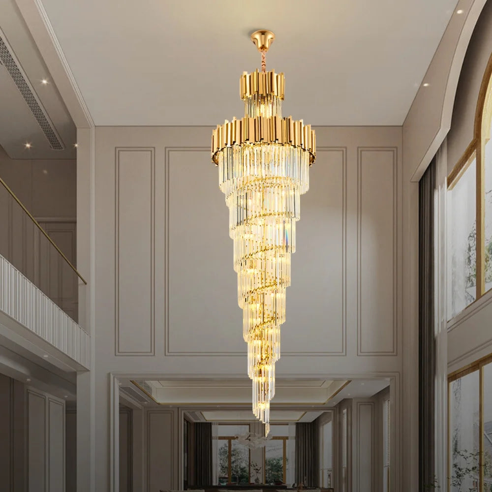 Astra Chandelier-X-Long Modern Gold Crystal Chandelier With Entrance