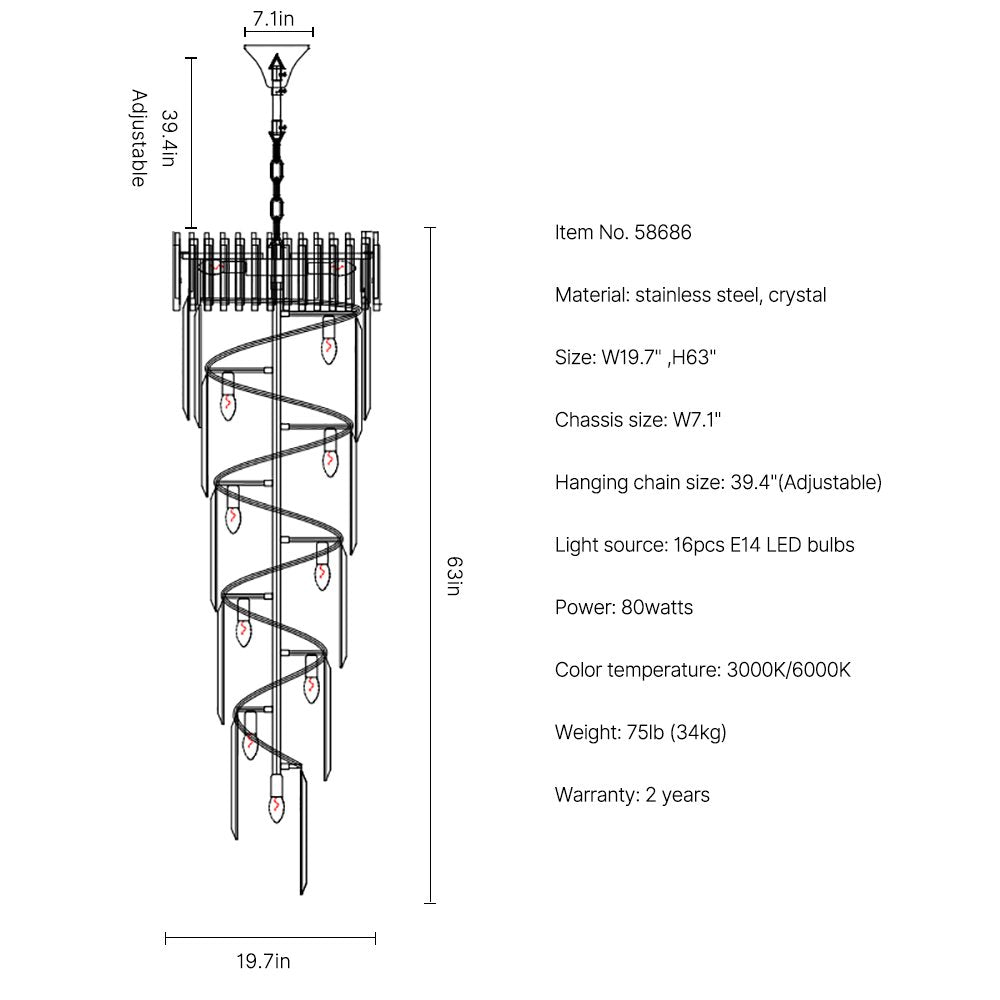 Astra Staircase Chandelier-Luxury Large Gold Foyer Crystal Lighting-SKU-19.7"