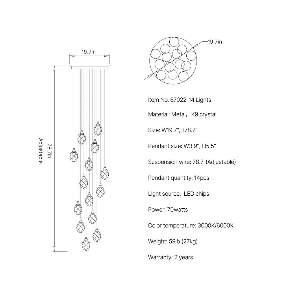 Diamond Chandelier-Large Dimmable LED Crystal Chandelier For Staircase SKU-14-Lights