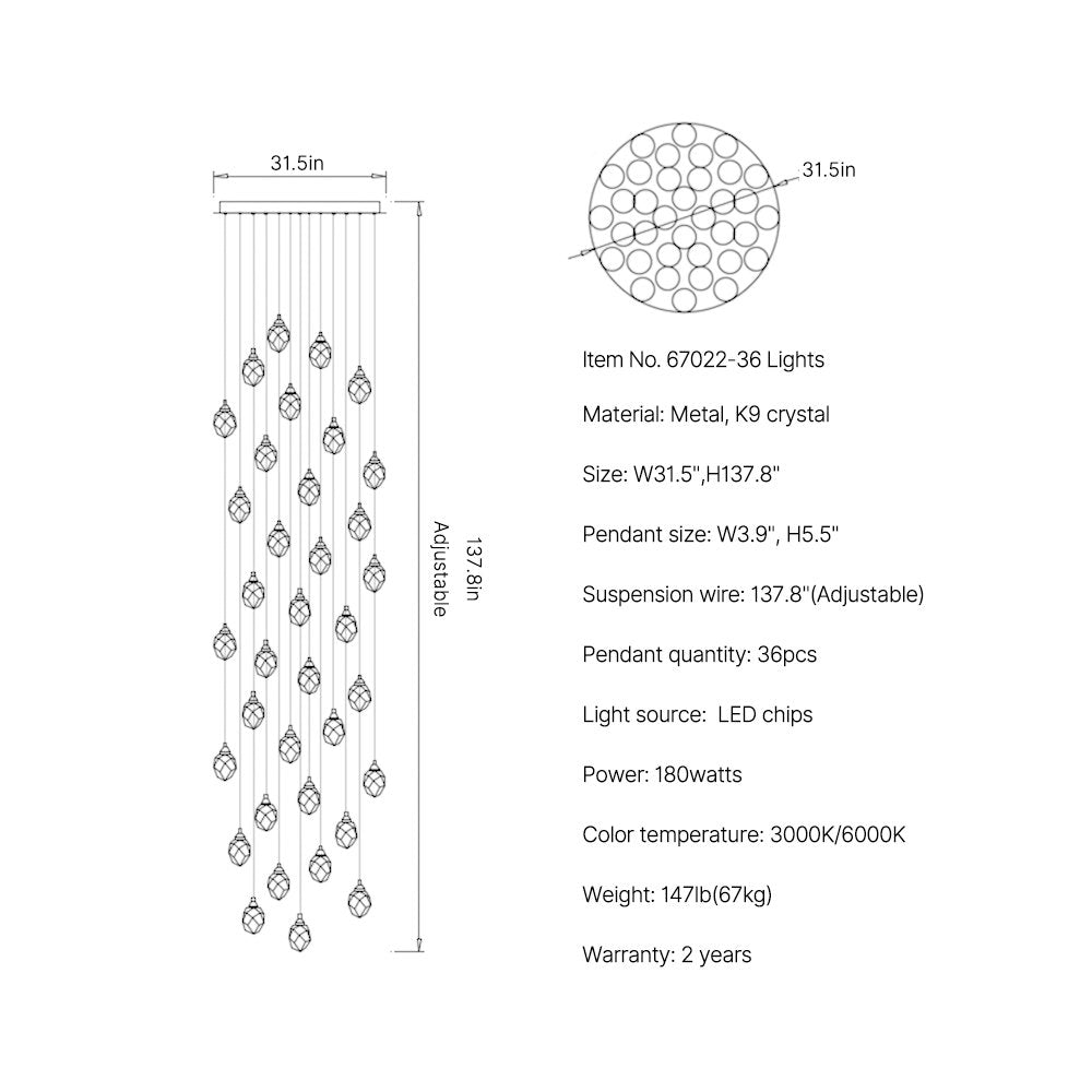 Diamond Chandelier-Large Dimmable LED Crystal Chandelier For Staircase SKU-36-Lights