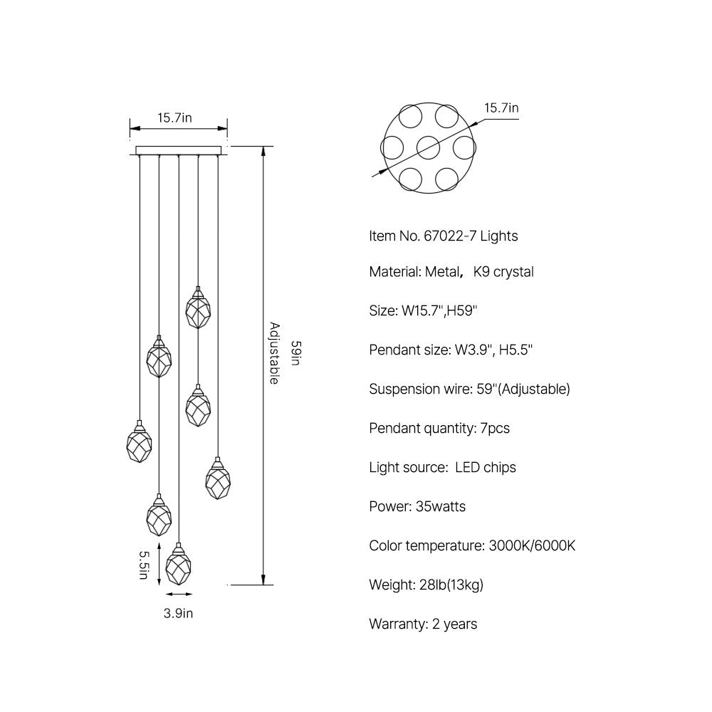 Diamond Chandelier-Large Dimmable LED Crystal Chandelier For Staircase SKU-7 Light