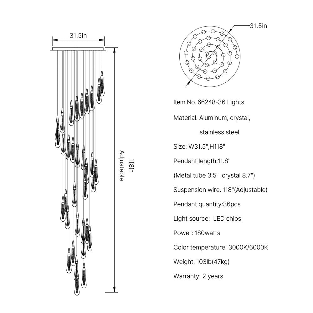 Meteors Chandelier-Spiral Design Modern Crystal Light Fixture For Staircase-SKU-36 Lights-Spiral Design