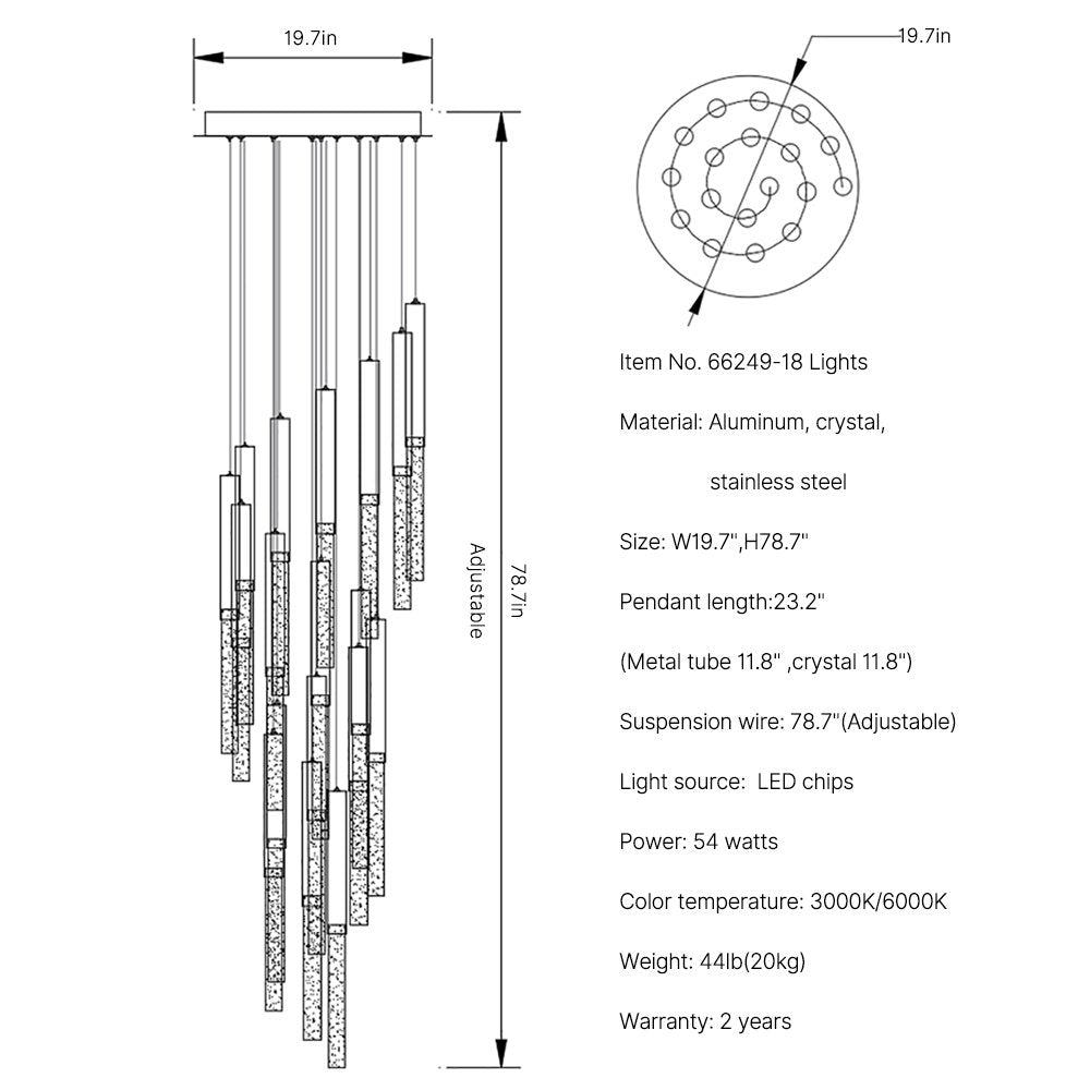 Rayne Chandelier-Large Staircase LED Crystal Light Fixture-SKU-18 Lights-Spiral Design