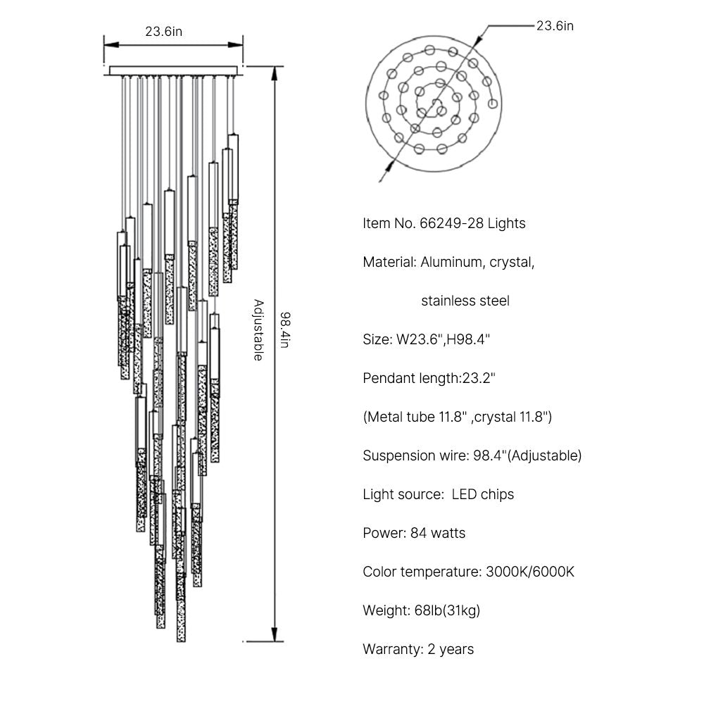 Rayne Chandelier-Large Staircase LED Crystal Light Fixture-SKU-28 Lights-Spiral Design