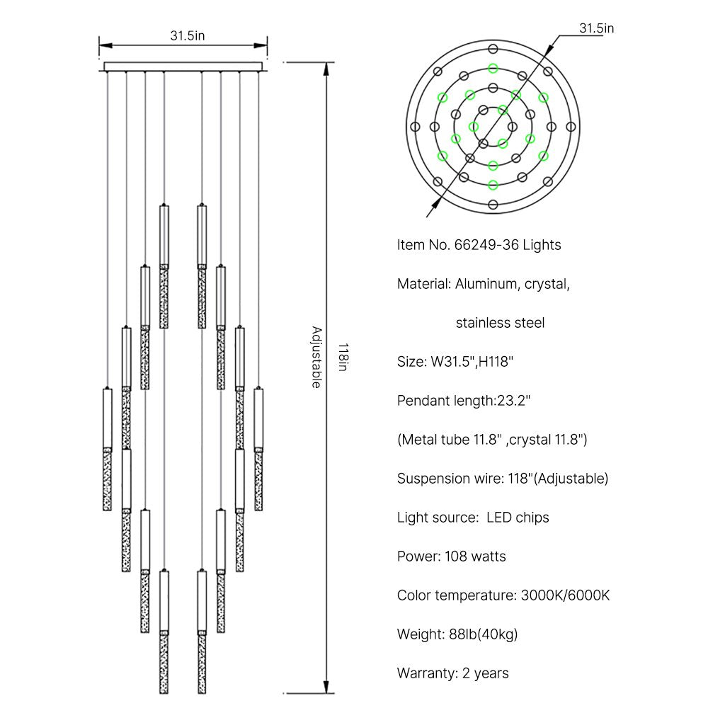 Rayne Chandelier-Large Staircase LED Crystal Light Fixture-SKU-36 Lights-Freely Design
