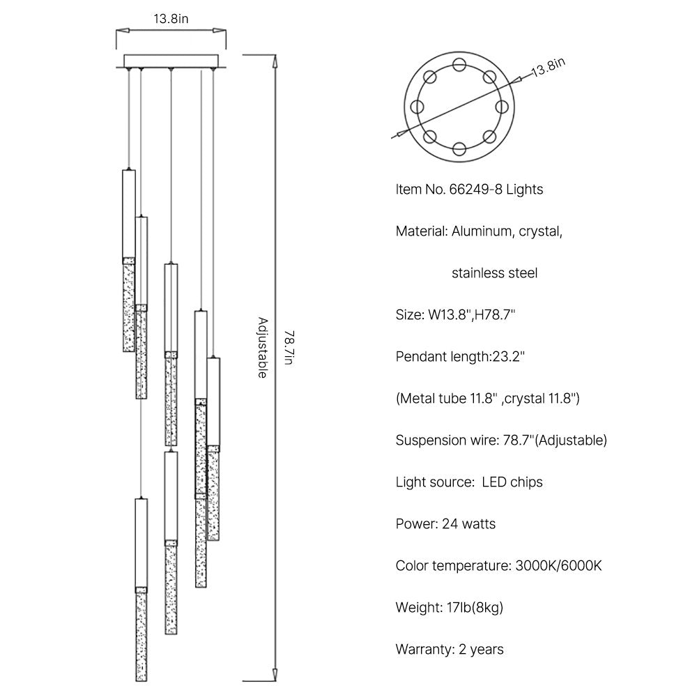 Rayne Chandelier-Large Staircase LED Crystal Light Fixture-SKU-8 Lights