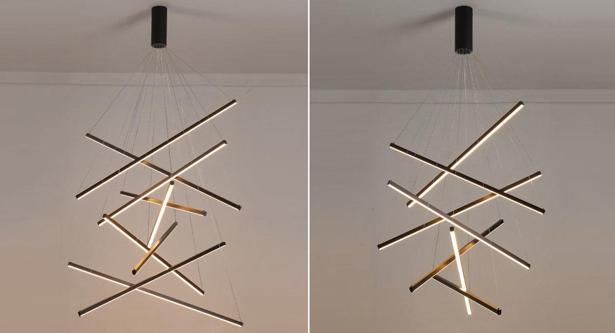 Vect Chandelier-Black LED Contemporary Linear Light Fixture For Staircase Real Shot