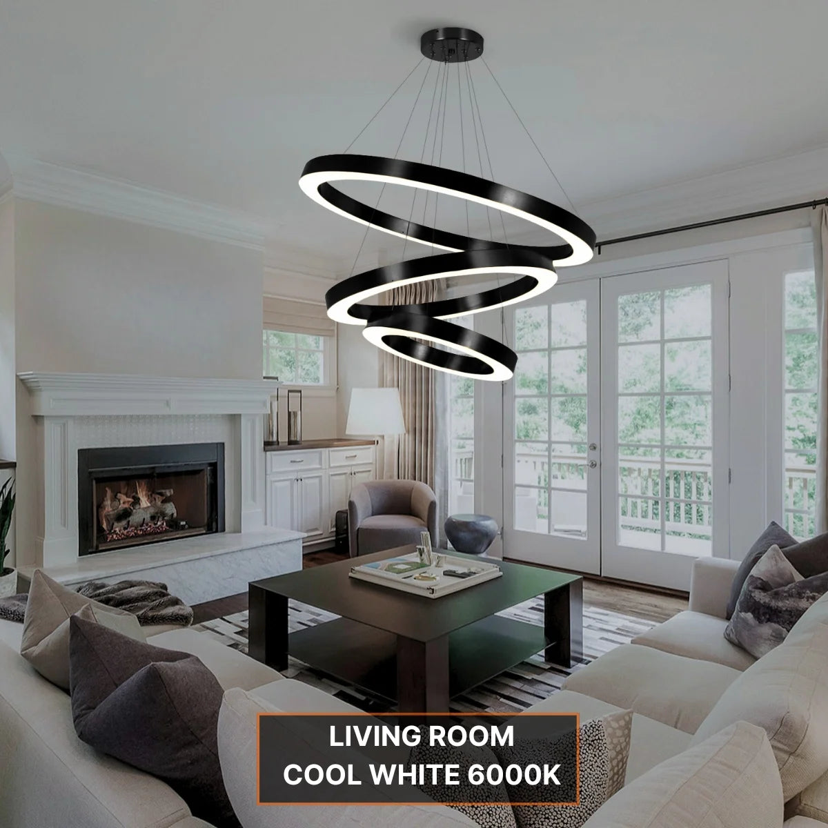 black chandelier with white shades