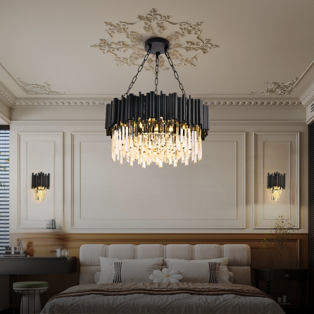 round chandelier with crystals and brass