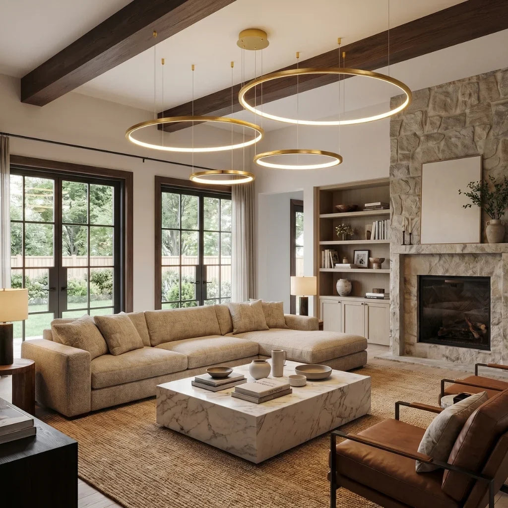 Layered lighting design with contemporary chandelier in luxury living room