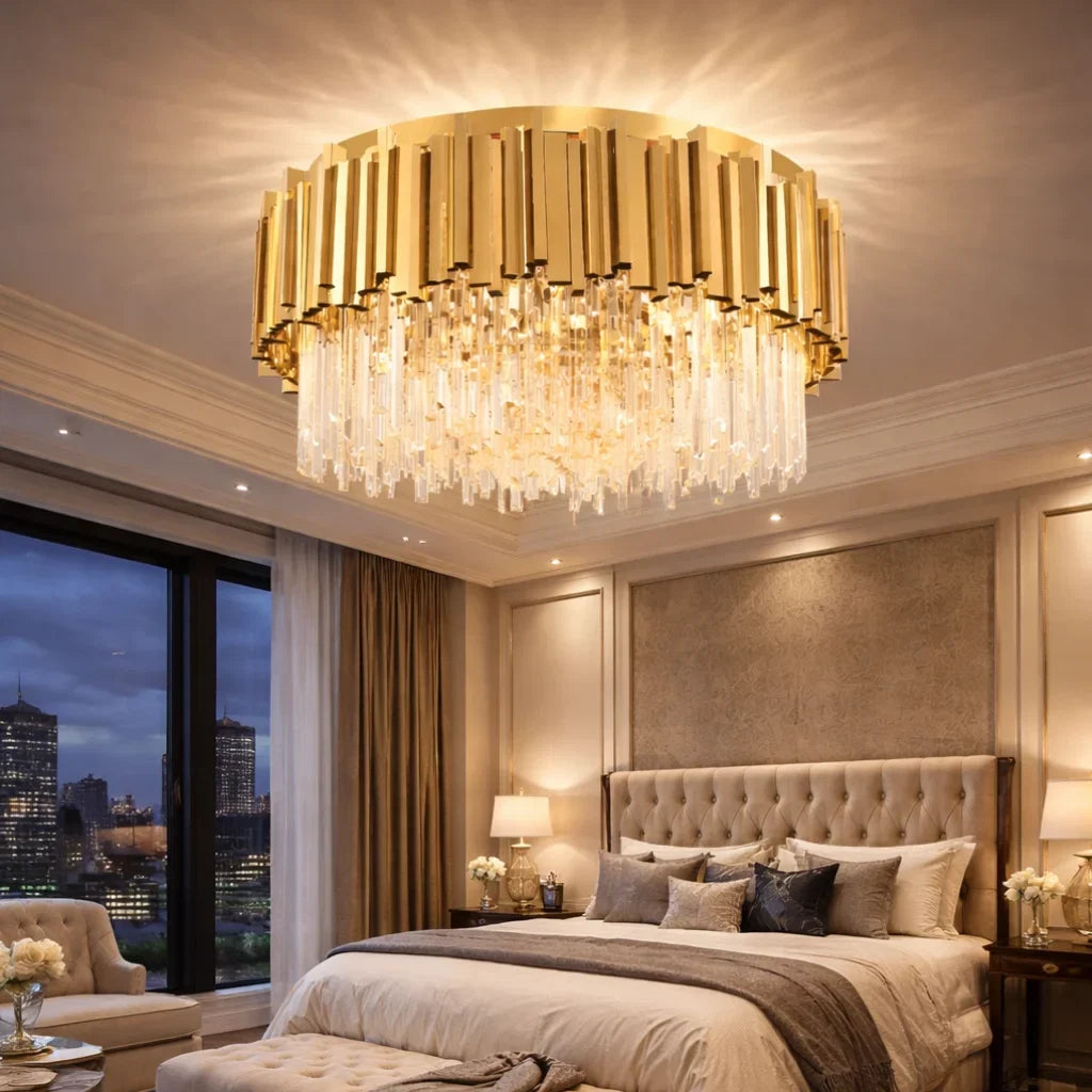 Crystal flush mount ceiling light making small room feel brighter and more open