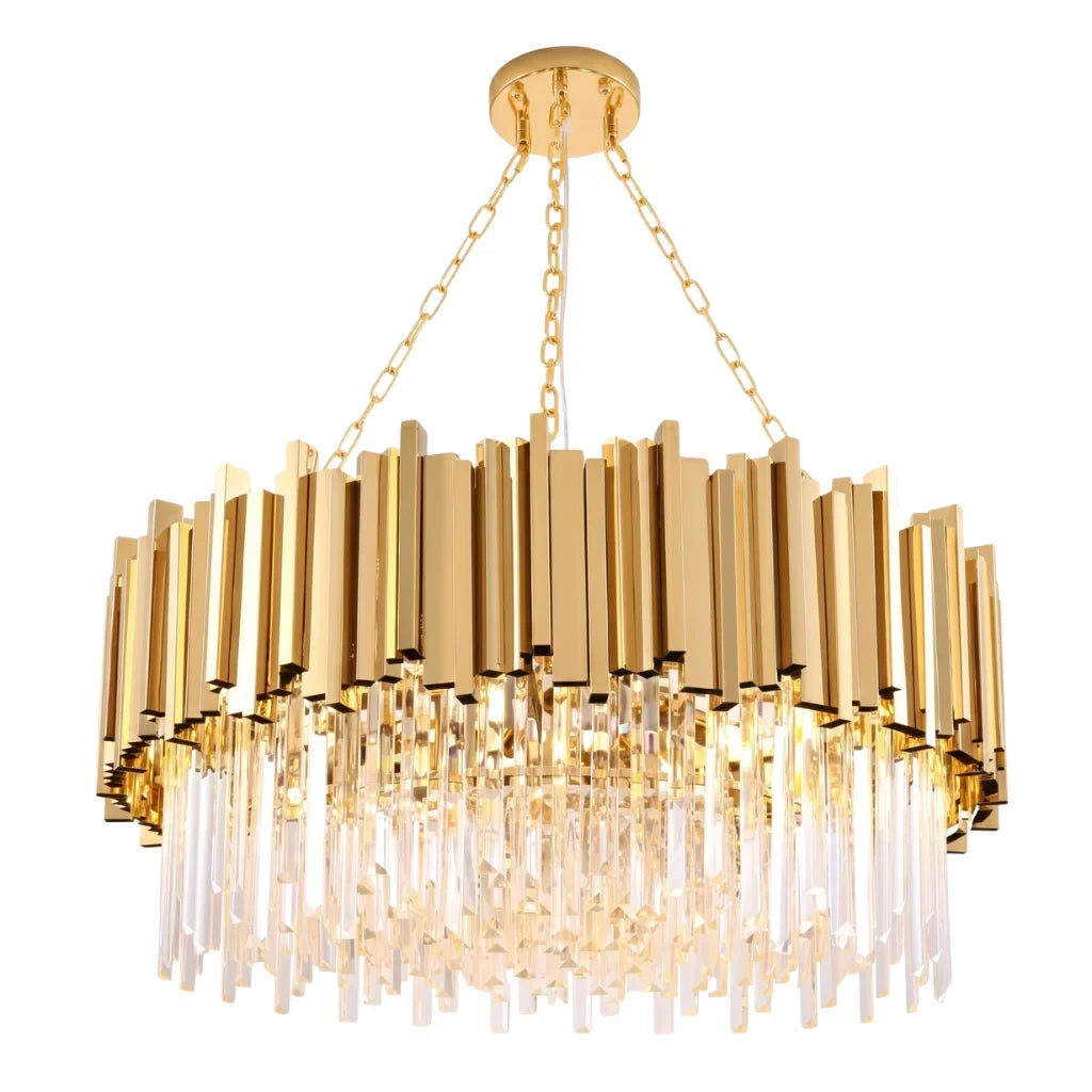 Astra Gold Round Crystal Chandelier above a dining table — perfect dining room centerpiece lighting