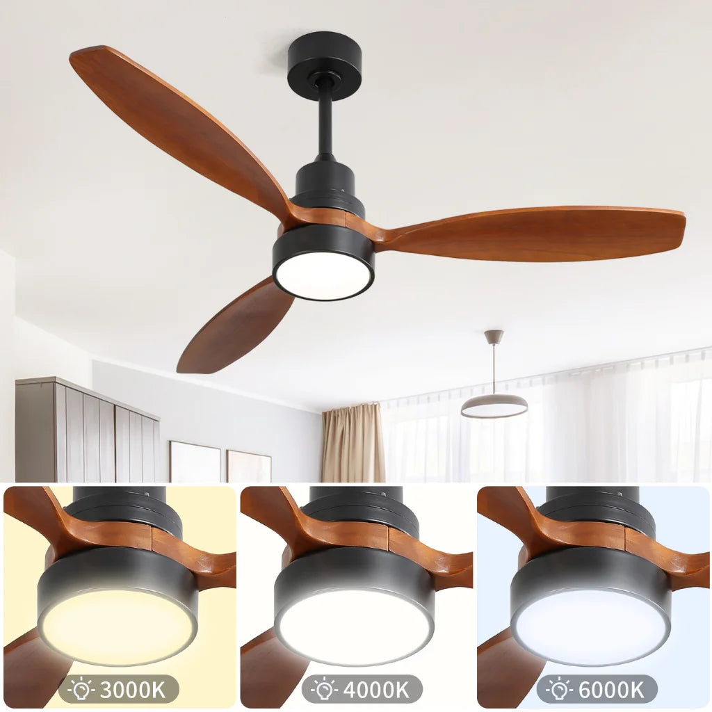 Vento wooden ceiling fan with LED chandelier light packaging and assembly components
