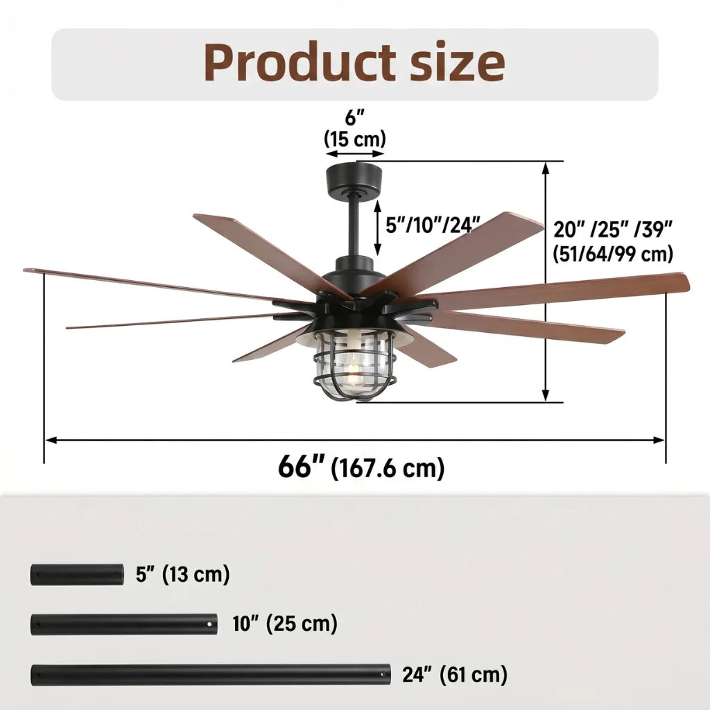 Titan 66 Inch Modern 8-Blade Ceiling Fan Chandelier with LED light on — close-up angle