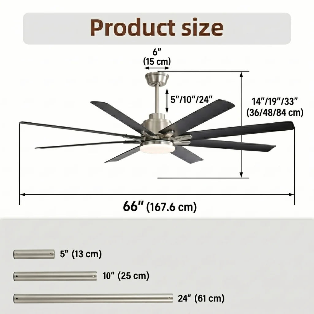 Alloy 66 Inch Modern 8-Blade Ceiling Fan Chandelier with dimmable LED light on — front angle