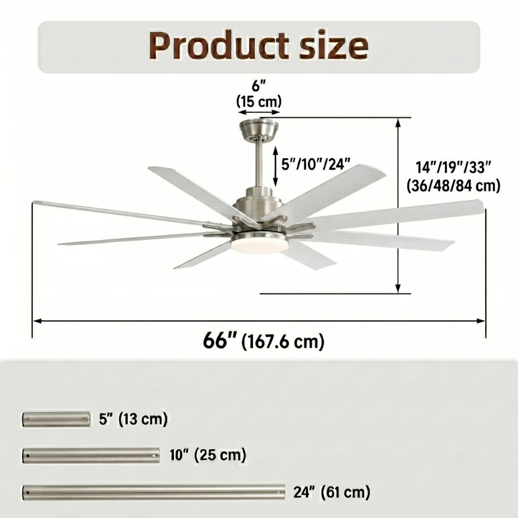 Alloy 66 Inch Modern 8-Blade Ceiling Fan Chandelier side profile showing 8-blade span