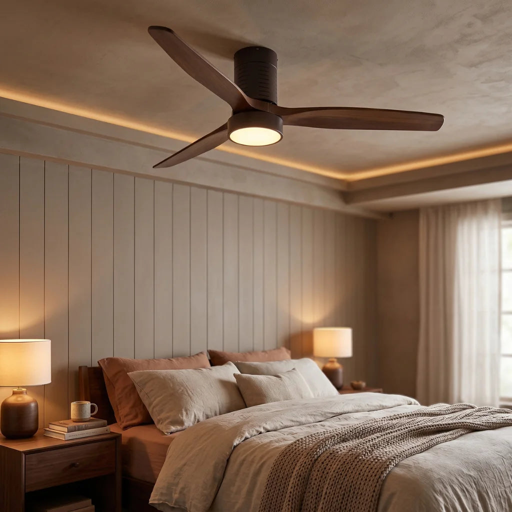 Arbor 52 Inch Flush Mount Ceiling Fan Chandelier in cozy dining room with warm light