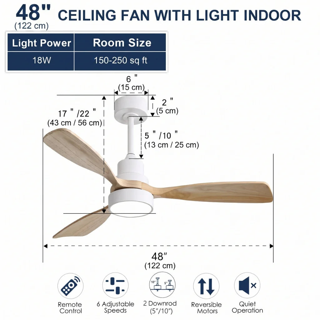 Alba 48 Inch 3-Blade Wood Ceiling Fan Chandelier with LED light on — front angle close-up