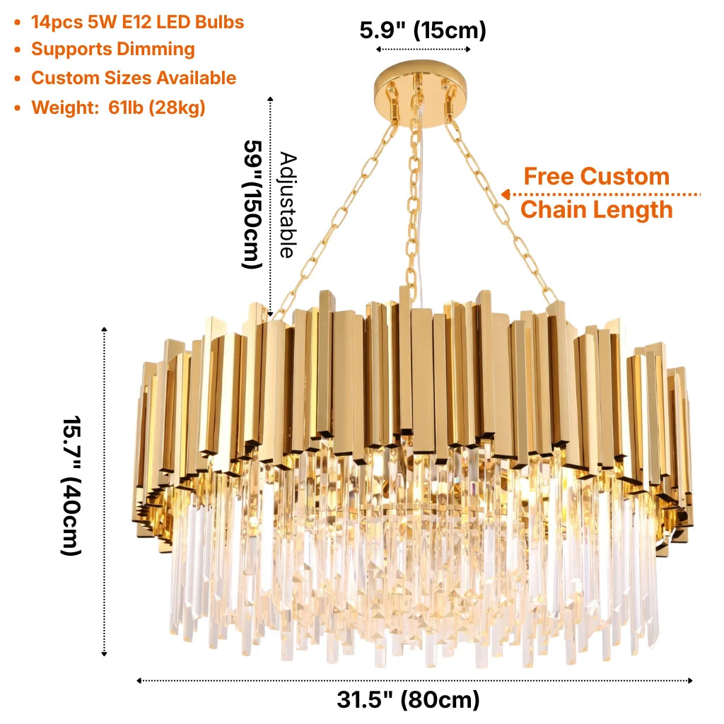 Astra Gold or Chrome Round Crystal Chandelier for Living Room & Dining Room