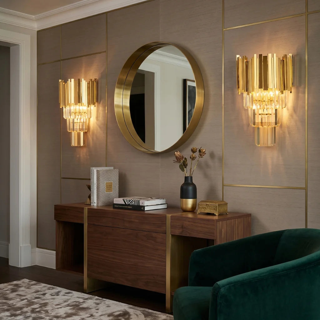 Astra Gold/Chrome Crystal Wall Sconce for Bedroom & Living Room