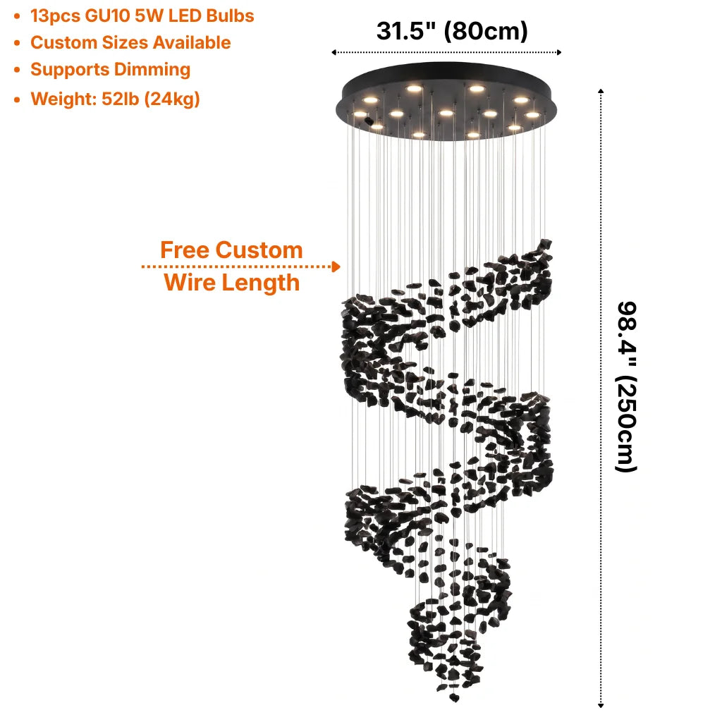 Modern Black Obsidian Staircase Chandelier Gema — GU10 LED bulb detail