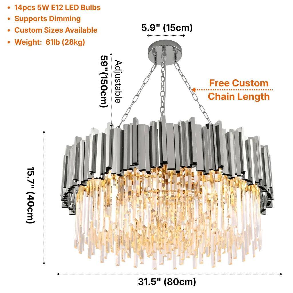 Astra Gold or Chrome Round Crystal Chandelier for Living Room & Dining Room