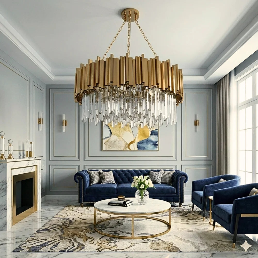 Astra Gold or Chrome Round Crystal Chandelier for Living Room & Dining Room