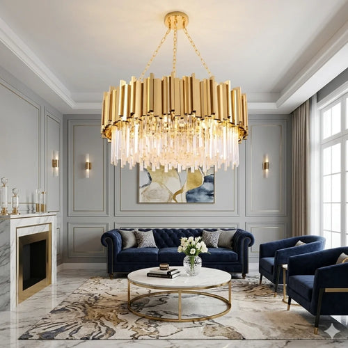 Astra Gold or Chrome Round Crystal Chandelier for Living Room & Dining Room