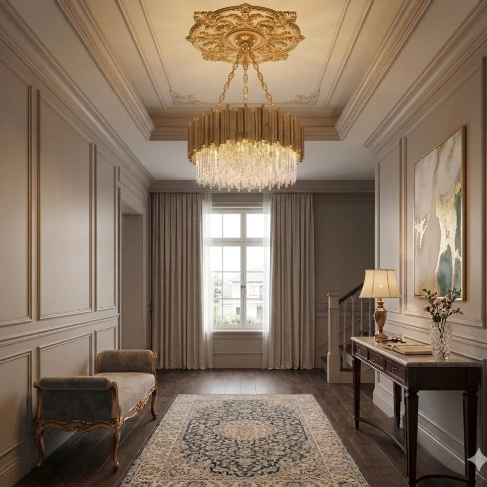 Astra Gold or Chrome Round Crystal Chandelier for Living Room & Dining Room