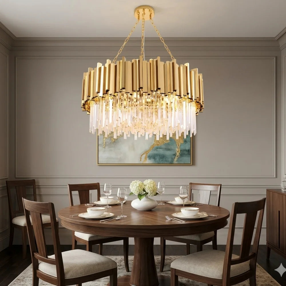 Astra Gold or Chrome Round Crystal Chandelier for Living Room & Dining Room