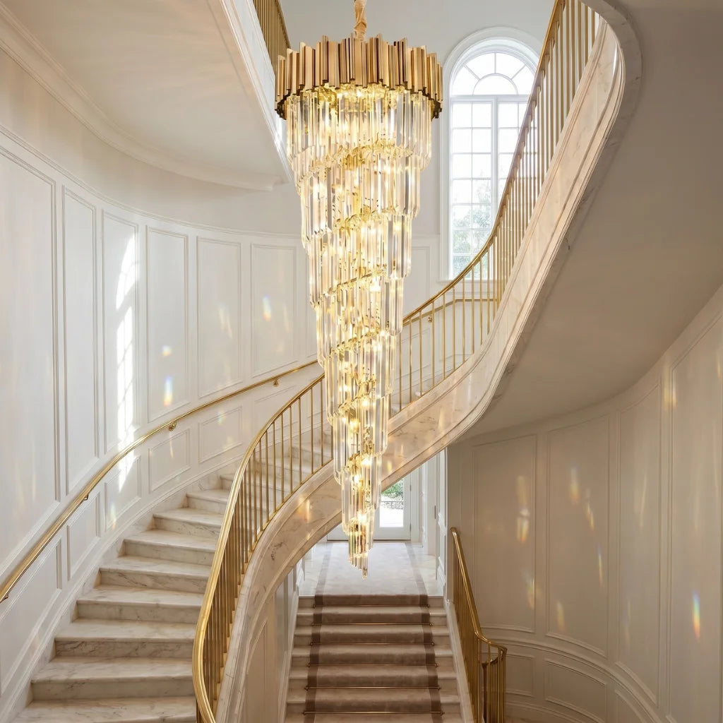 Modern crystal staircase chandelier for luxury foyer lighting by YOOGEE