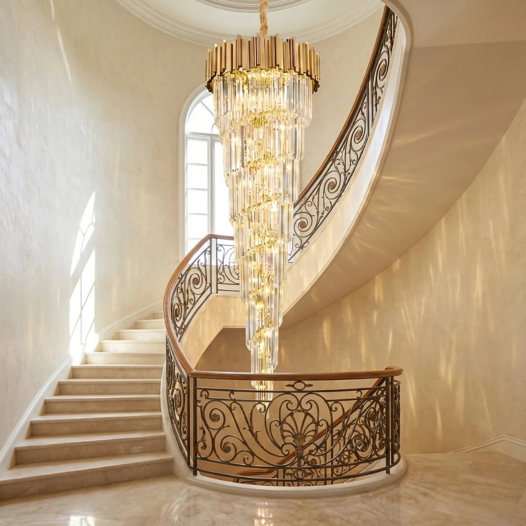 Modern crystal staircase chandelier for luxury foyer lighting by YOOGEE