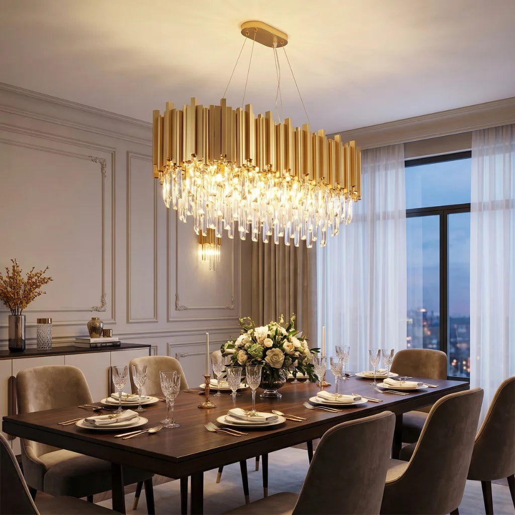 Modern brass pendant light for upscale American home interiors