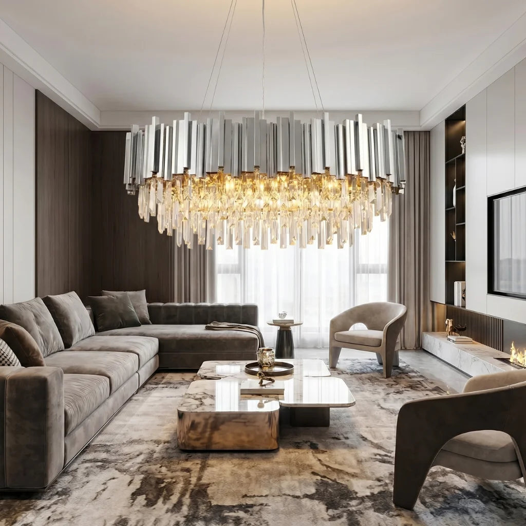 Modern brass pendant light for upscale American home interiors