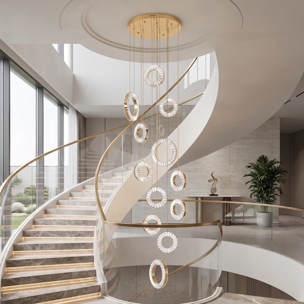 Staircase lighting chandelier in gold crystal finish for tall foyers and stairwells