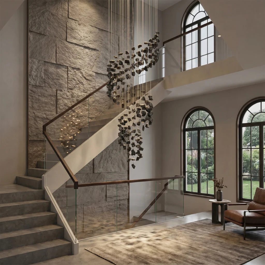 Gema Black Spiral Chandelier in modern living room with high ceiling
