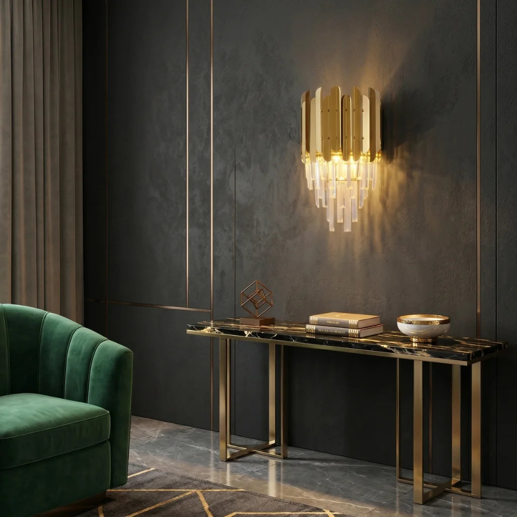 Reflex Luxury Gold/Chrome Crystal Wall Sconce for Bedroom & Hallway