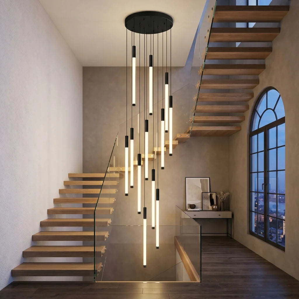 Revolving Modern Spiral LED Staircase Chandelier for Tall Foyers & Stairwells