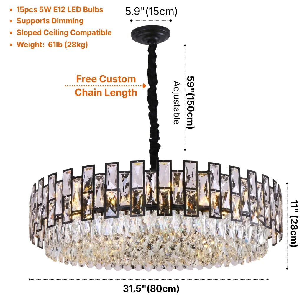 Luxor Modern Black Crystal Round Chandelier for Living Room & Dining Room