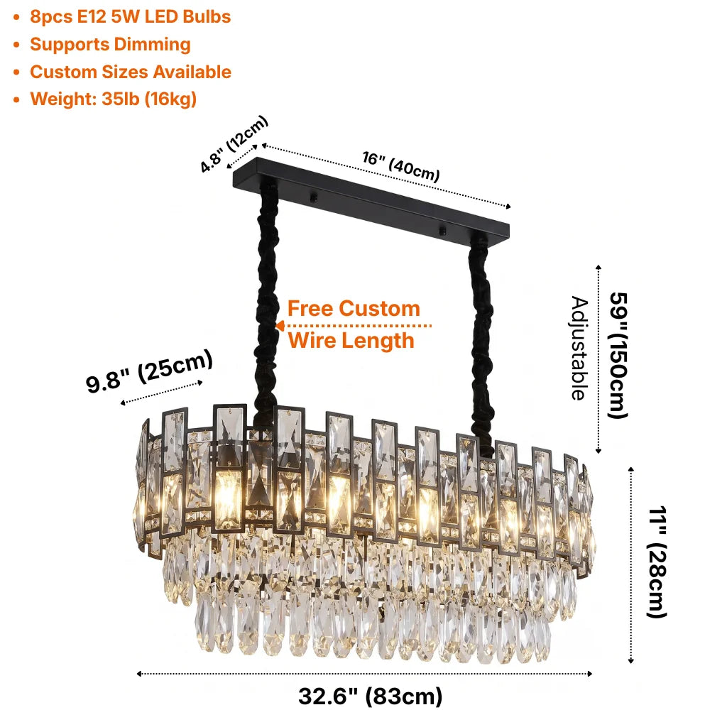 Luxor Modern Black Crystal Pendant Light for Dining Room & Kitchen Island