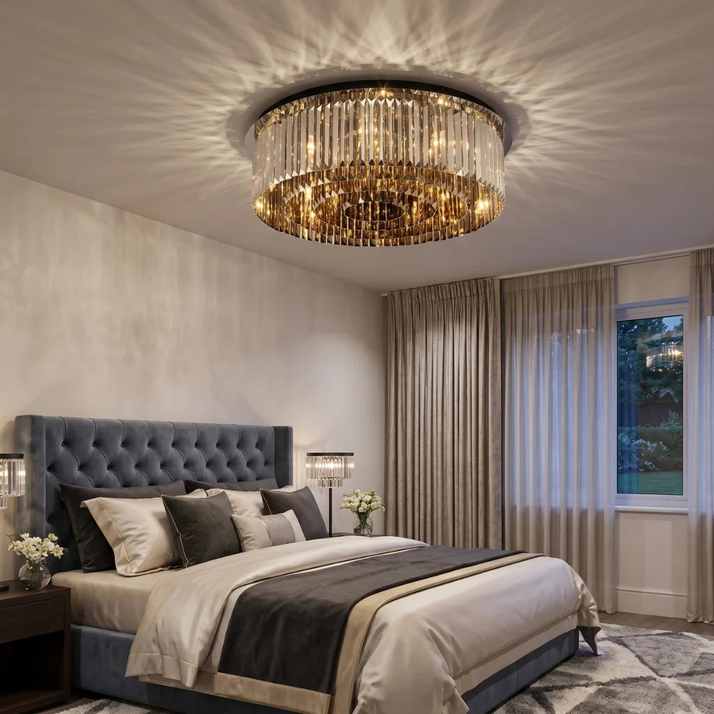 Onyx Modern Round Smoky Grey Crystal Ceiling Lamp for Living Room